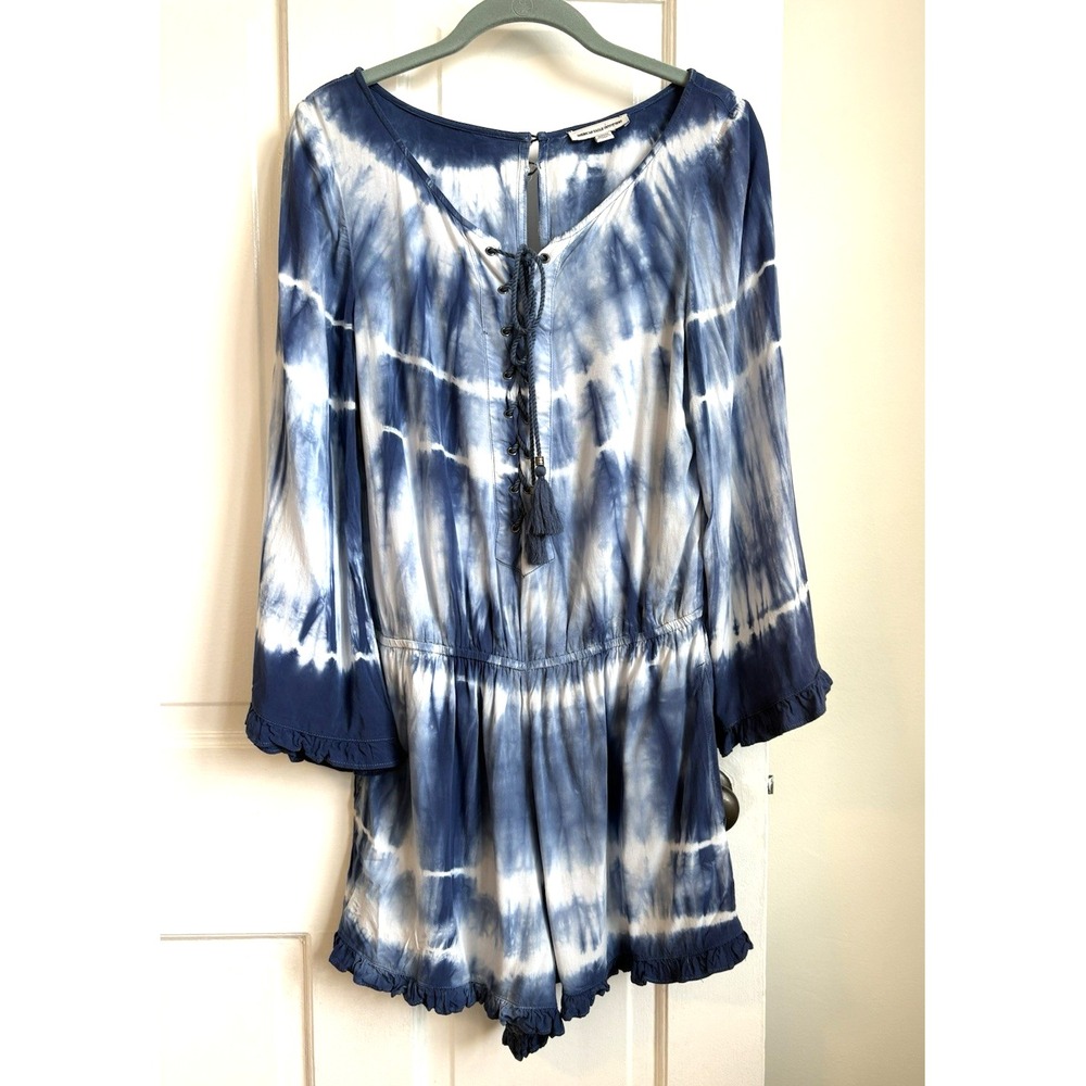 American Eagle Blue Tie Dye Lace Up Tassel Romper Ruffle Trim 3/4 Sleeve Medium